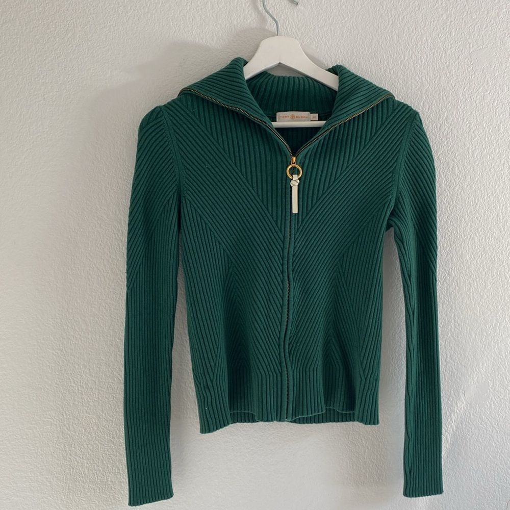 Tory Burch Zipper Closure Green Ribbed Sweater - Picture 2 of 6